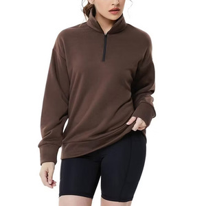Women's <b>Brown</b> Asymmetric Zipper Long Sleeve Sweatshirt Knitted Spandex Polyester Casual Turn-down Collar Autumn Wear - Product Image 2
