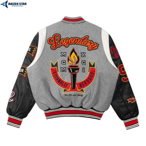 Men's Varsity Jacket Gray Black Sleeve Letter Embroidery Preppy Style Autumn Wear PU Material Patch Designs - Product Image 6