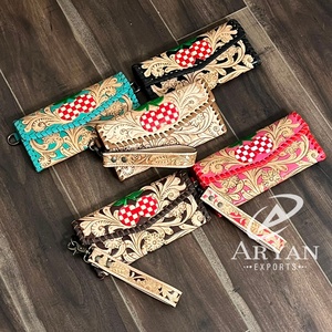 Carteras de mano de cuero genuino con grabado floral hecho a mano para mujer, diseño de cereza a cuadros, monederos de noche con correa para la muñeca y tarjeteros. - Product Image 1