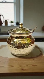 Handcrafted Hammered Brass Condiment <b>Jar</b> with Lid and Spoon Traditional Indian Spice <b>Storage</b> Pot Decorative <b>Kitchen</b> Countertop - Product Image 3