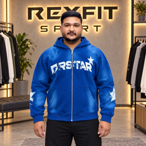 Sweat à capuche zippé bleu personnalisé pour homme, en molleton épais, coupe oversize, style streetwear, imprimé étoiles, veste décontractée d'hiver - Product Image 1