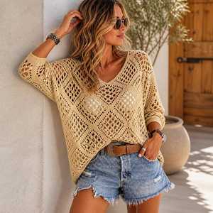 Suéter Rosa de Punto Abierto con Cuello en V para Mujer, Manga Larga, Estilo Boho, Top de Verano, Corte Holgado Informal, Tejido a Crochet, 100% Poliéster, Color Sólido - Product Image 6