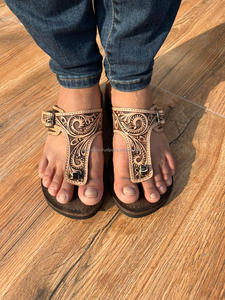 Real Handmade Genuine <b>Women</b> Western Stylish Tooled <b>Leather</b> Casual Outdoor Flipflop Flat Flower Footwear Open Brown Toe Sandals - Product Image 2