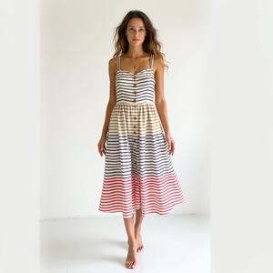 Vestido de verano a rayas bohemio de moda con botones, Midi sostenible con bolsillos, forro suave, vestido de uso diario para mujer - Product Image 4