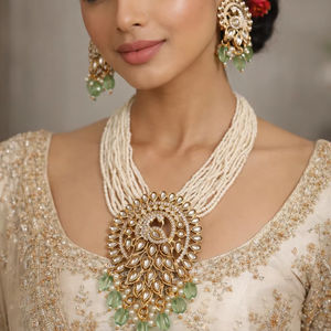 Traditional Brass Pearl Kundan Peacock <b>Necklace</b> <b>Set</b> with Earrings <b>Bridal</b> Wedding & Party Jewelry - Product Image 1