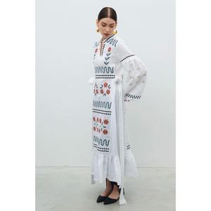 Wholesale <b>Women</b> <b>White</b> Embroidered Floor-Length Maxi Dress Ethnic Long Kurti Plaid/Solid Pattern Natural Washable Ruffle Hem - Product Image 3
