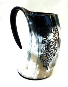 Vikings Valhalla Game of Thrones Stark House Drinking Horn Mug Wolf Carved Tankard for Beer Wine Mead Ale Stein with Handle - Product Image 3