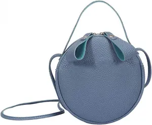 Mini bolsa redonda para mulheres, bolsa redonda em couro falso com zíper de dois lados, cor sólida, fácil de usar, durável