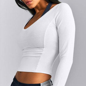 Venta de Fábrica: Camiseta Deportiva de Yoga para Mujer, Cuello Ancho, Corte Recortado, Manga Larga, Material Acanalado, Alta Elasticidad, para Verano - Product Image 4