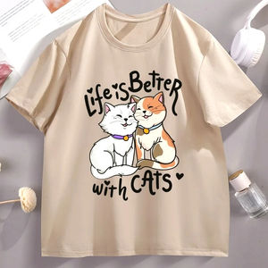 Pattern Life Is Better with Cats Graphic <b>T</b> <b>Shirts</b> <b>Funny</b> Valentine's Day Short Sleeve Round Neck <b>T</b>-<b>shirts</b> Streetwear Loose Tops - Product Image 3
