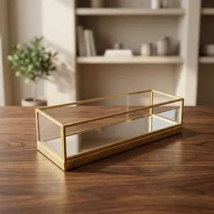 Brass Framed Glass Storage Tray Rectangle Minimalist Design Single Tier Mirror Base Bathroom <b>Vanity</b> <b>Table</b> Organizer Jewelry - Product Image 5