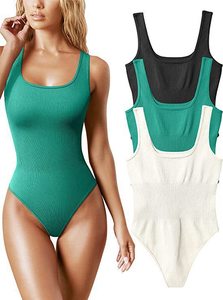 Women's High Waist Solid Color Sleeveless Knitted Bodysuit Square Collar Breathable <b>Tank</b> <b>Top</b> Spring Summer Beach Wear - Product Image 2