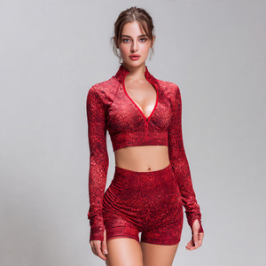 <b>Yoga</b> Wear Crop <b>Jacket</b> Shorts Set Women 100% Polyester Long Sleeve Zipper <b>Jackets</b> Elastic Waist Shorts Two Piece Set Women's - Product Image 2