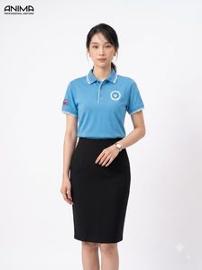 Polo de luxe haut de gamme pour femme, uniforme universitaire, bleu ciel, en coton, avec logo brodé - Product Image 4