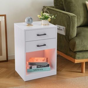 FCH White 40*35*60cm Nightstand with LED <b>Light</b> Particleboard Pasted Triamine Two Drawers and <b>Socket</b> Bedside Table - Product Image 2