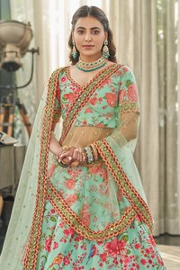 Mint Green Floral Printed Short <b>Top</b> Lehenga Choli Art Silk Semi-Stitched Wedding Outfit with Dupatta for <b>Bride</b> Festival Wear - Product Image 2