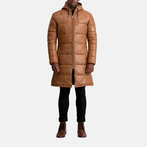 Abrigo largo acolchado de cuero marrón con capucha para hombre, hasta la rodilla, con cierre de cremallera. - Product Image 1