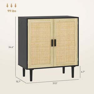 Modern Bohemian <b>Sideboard</b> 31.5\" Wood Buffet Cabinet with 2 Rattan Doors and Shelves Black for Living Room Hallway - Product Image 3