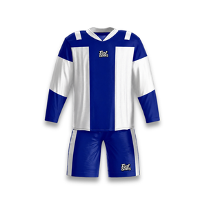 Custom Ice Hockey Jersey Set Blue White Sublimated V-Neck Full Sleeve <b>Moisture</b> Wicking 100% Polyester Adult Unisex - Product Image 1