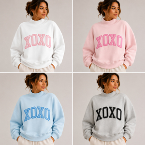 เสื้อสเวตเชิ้ตคอเต่าสีขาวสำหรับผู้หญิง ปักลาย XOXO ทรงโอเวอร์ไซส์ ขายส่ง เสื้อสเวตเชิ้ตคอเต่าพิมพ์ลายกราฟิกสำหรับผู้หญิง ทรงโอเวอร์ไซส์ - Product Image 6