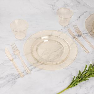 Set di Stoviglie Monouso in Plastica per 50 Ospiti, 350 Pezzi con Glitter Dorato, Include 50 Piatti per Cena e Dessert per Feste - Product Image 2