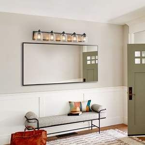 Modern Industrial Design <b>40</b>" Farmhouse Vanity Light Fixture <b>5</b>-Light Bathroom Wall Sconce Black-Iron Clear Seeded Glass Shades - Product Image 4