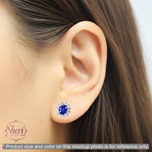 Pendientes de Diamantes y Zafiros Estilo Diana con Halo Clásico Ovalado en Oro Blanco Sólido de 18K para Mujer, de Sheri Jewels - Regalo de Aniversario - Product Image 4