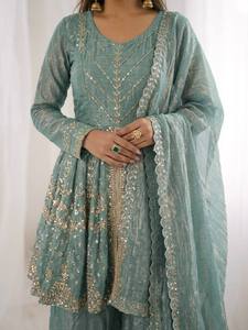 Best Selling Ethnic Wear Embroidered Reversible Quick Dry Georgette Work Top Dupatta Set Winter Diwali Wedding Party Wear <b>Kurta</b> - Product Image 3