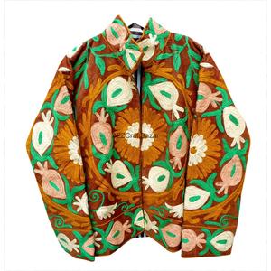 Elegant Beautiful Floral Embroidered Stripe Mandarin Collar Cotrise <b>Jacket</b> Women's Autumn Winter Wear Full Sleeve Knitted Cotton - Product Image 1