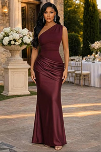 Nuevo y elegante vestido de noche largo de satén color borgoña, con un solo hombro descubierto, sin mangas, para fiestas formales, para mujer. - Product Image 2