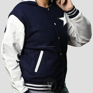 Veste universitaire bleue personnalisée avec patchs de broderie blanche en laine véritable et manches en cuir col montant enduit processus - Product Image 5