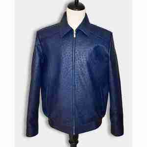 Men's Blue PU Bomber Jacket Embossed Pattern Zipper Closure Turn-<b>down</b> Collar Casual Autumn Style Regular Fit - Product Image 1