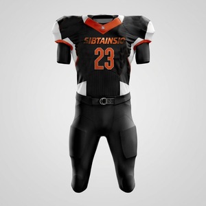 Wholesale New Style Custom Full Dye Sublimated Football Uniform Set Black Orange Jersey Integrated <b>Padded</b> <b>Pants</b> Team Sportswear - Product Image 1