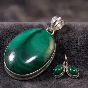 Green Malachite 925 Sterling Silver Indian Handmade Jewelry Set Oval Pendant <b>Earrings</b> Natural Gemstone Bohemian Women's Gift - Product Image 4