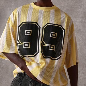 Camiseta Deportiva de Malla a Rayas de Gran Tamaño para Hombre, de Alta Calidad, Manga Corta, con Estampado de Número, Estilo Urbano, Transpirable, de Algodón - Product Image 1