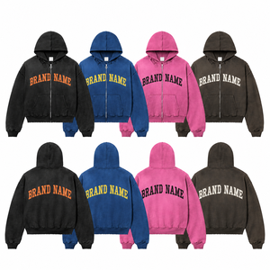 Sweat-shirt unisexe à capuche zippé, coupe oversize, en coton tricoté, style streetwear, avec logo imprimé sur le devant, effet délavé soleil, fabriqué en usine - Product Image 6