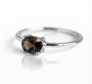 Rhaya Jewels Elegant Rhodium Plated 925 Sterling Silver Oval Cut Smoky Quartz Prong Setting <b>Dainty</b> Band Trendy Women's <b>Ring</b> - Product Image 2