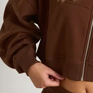 Women's <b>Brown</b> Cropped Hooded Zip-Up Sweatshirt <b>Long</b> <b>Sleeve</b> Solid Color Knitted Oversized Winter Wear 100% Cotton Eco-Friendly - Product Image 3