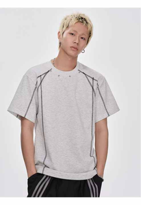 T-shirt blanc surdimensionné pour homme, manches courtes, col rond tricoté, bordure contrastante, style streetwear, couleur unie - Product Image 4