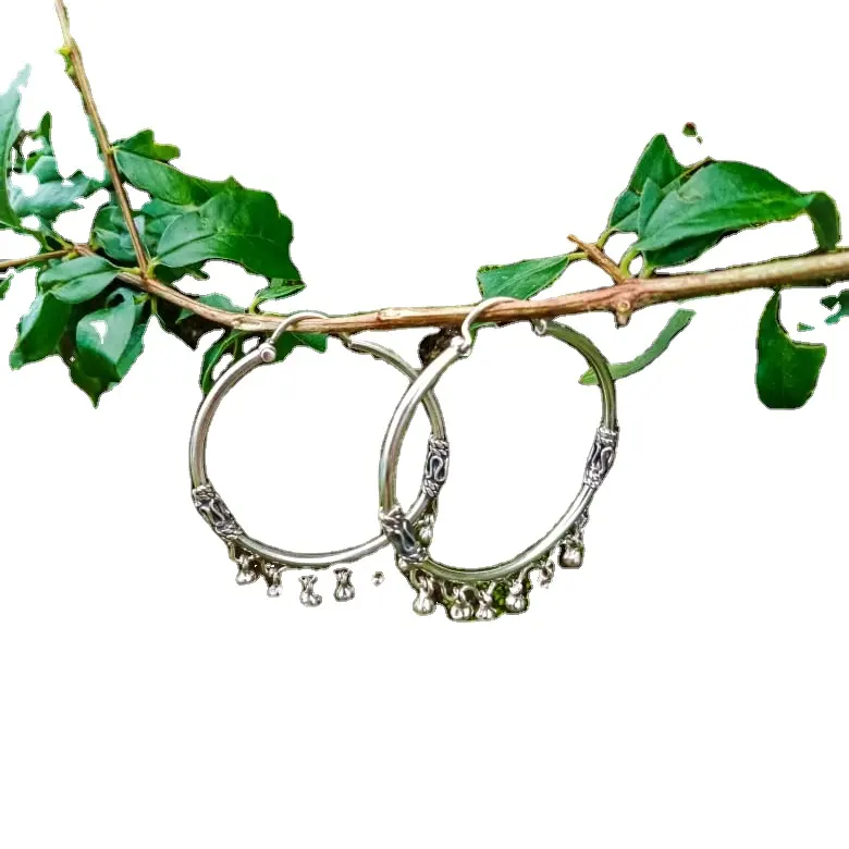 NY-BH004-35- Bali Sterling Silver Hoop Earrings Gypsi Styles Gift With Dangling Beads For Women Classic Design Earrings