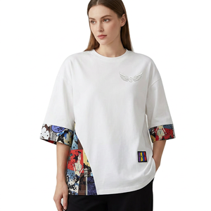 Oversized White Half Sleeve T-<b>Shirt</b> With <b>Patchwork</b> Print And Wing Logo Street Style Men's Casual Wear - Product Image 4