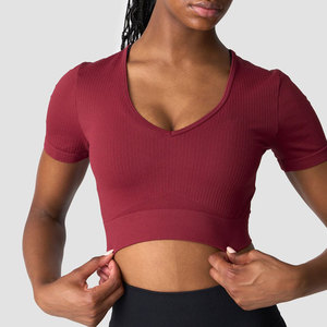 Camiseta Deportiva de Mujer con Cuello en V, Ajustada, de Alta Calidad, Material de Compresión Acanalado, Elástica en 4 Direcciones, Color Personalizado - Product Image 1