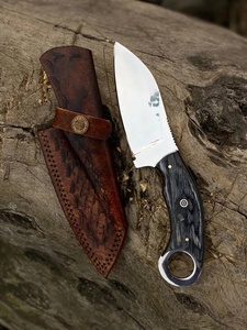 Couteau de chasse et d'abattage à lame fixe en acier Damas, fait main, avec manche en bois Paka et anneau de maintien, étui en cuir, pour le camping en extérieur - Product Image 5