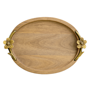 Oval Wooden Serving Tray With Floral Metal Handles Vintage Design Durable <b>Decorative</b> <b>Plate</b> - Product Image 1