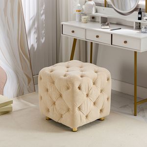 Elegante Pouf Moderno in Velluto Beige, Morbido Poggiapiedi e Comoda Sedia per Trucco con Seduta Imbottita - Product Image 5