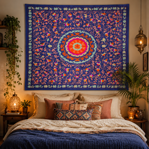 Exclusive Handmade Suzani Cotton Bedsheet Royal <b>Blue</b> Peach Pink Floral Boho Indian Ethnic <b>Bedspread</b> Home Decor Cover - Product Image 2