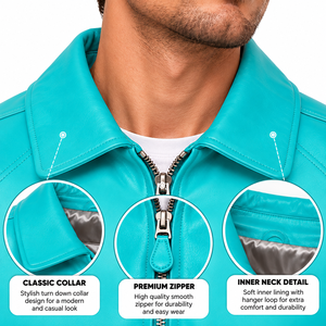 Chaqueta Varsity de cuero PU color turquesa para hombre, con cierre de cremallera, cuello vuelto, estilo deportivo, chaqueta bomber, chaqueta de cuero informal y elegante para hombre - Product Image 5