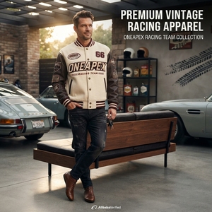 Men's Cream Brown <b>Racing</b> <b>Jacket</b> Motorsport Letterman Bomber <b>Jacket</b> Embroidered Streetwear Wholesale Apparel - Product Image 5