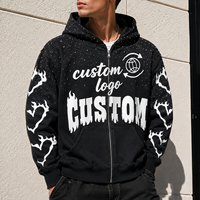Sweat à capuche zippé surdimensionné personnalisé 100 % coton, style streetwear, broderie vieillie, coupe carrée courte, strass, délavé, ODM Homme