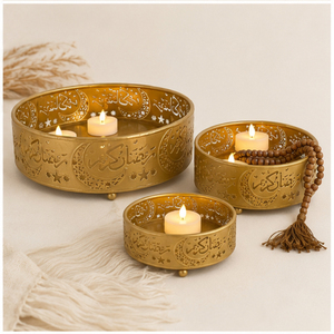 <b>Gold</b> Metal Ramadan Kareem <b>Serving</b> <b>Tray</b> Set with Hollow Arabic Calligraphy & Moon Star Design Elegant Iron Eid Mubarak Dates - Product Image 4